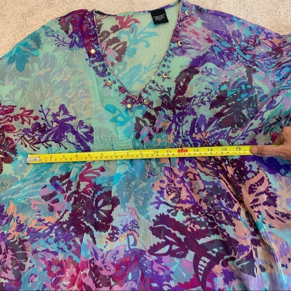 𝅺Tropical chiffon sheer teal blue purple floral beach cover-up blouse sequin SzM - Picture 8 of 10